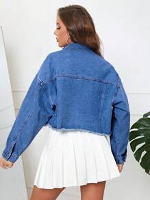 SHEIN Essnce 落肩袖毛邊牛仔夾克 - 深色水洗藍 - 查看 3