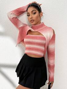 Chiquease Ombre Striped Pattern Cut Out Mock Neck Knit Pullover Fall Winter Sweater - Pink - View 4