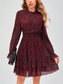 SHEIN Frenchy Flare Sleeve Ruffle Hem Dress Christmas - Burgundy - View 7