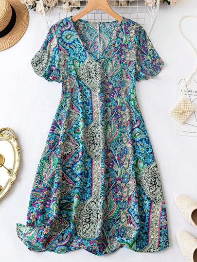 Plus Paisley Print V Neck Dress, Summer