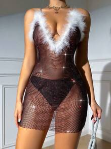 Zolique Fuzzy Trim Fishnet Cami Dress Without Lingerie Set - Maroon - View 5