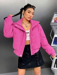 SHEIN EZwear Zip Up Snap Button Corduroy Padded Coat - Hot Pink - View 4