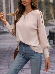 SHEIN LUNE Chất rắn Áo thun Thả vai - Màu be - Xem 7