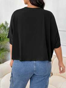 SHEIN EZwear Plus Solid Batwing Sleeve Tee - Black - View 2