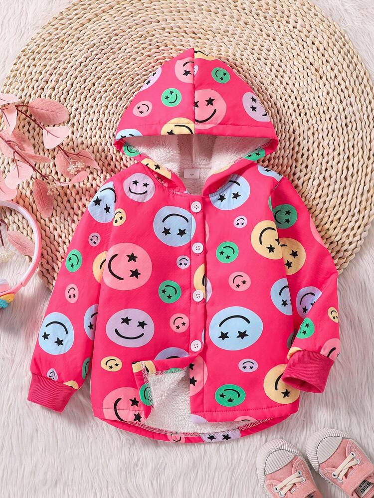 Young Girl Expression Print Button Front Hooded Teddy Lined Coat