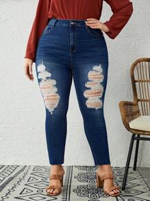 SHEIN LUNE Plus High Waist Ripped Raw Cut Skinny Jeans - Blue - View 3