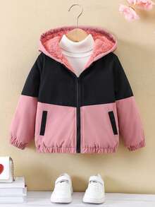 SHEIN 女小童1入組雙色毛絨內襯連帽夾克 - 彩色 - 查看 3