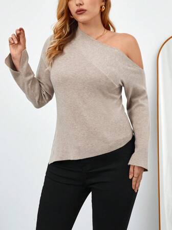 SHEIN Privé Plus Asymmetrical Neck Drop Shoulder Sweater