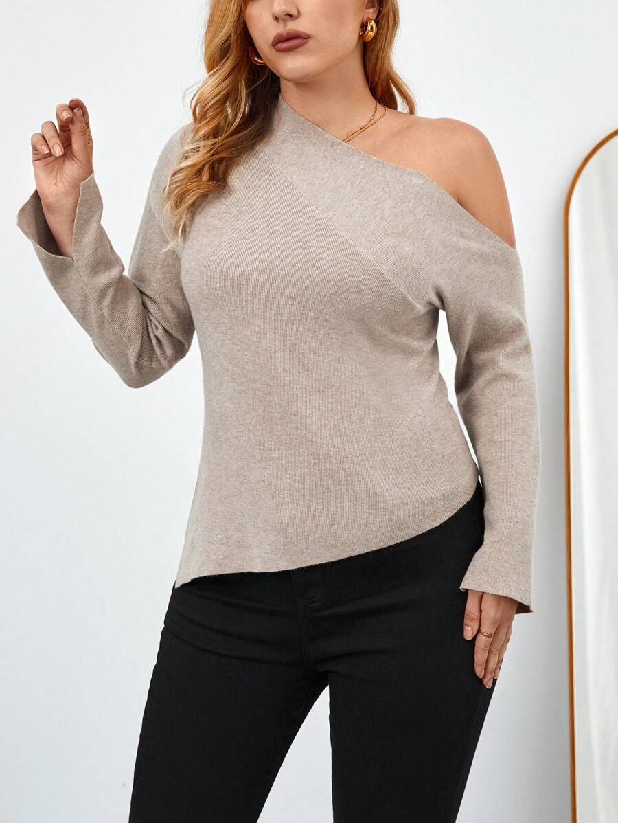 SHEIN Privé 大碼不對稱領落肩袖套頭毛衣 - 卡其色 - 查看 1
