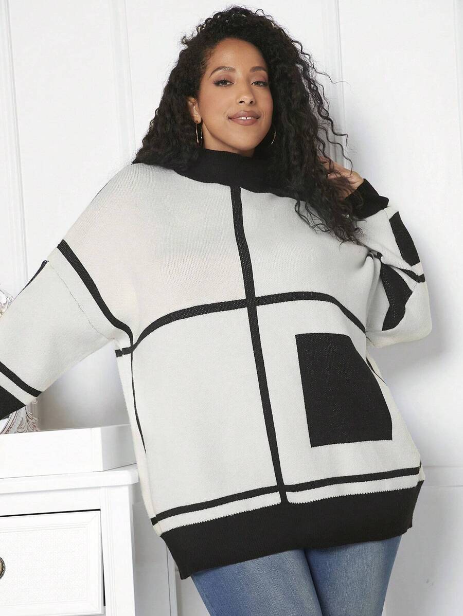 SHEIN CURVE+ 大碼格紋圖案落肩袖套頭毛衣 - 黑與白 - 查看 1