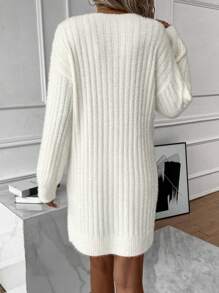 EMERY ROSE Ribbed Knit Drop Shoulder Sweater Dress Fall Winter Cloth For Women - Beige - View 2