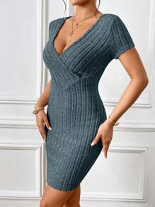 SHEIN Essnce Surplice Neck Ribbed Knit Bodycon Dress - Teal Blue - View 6
