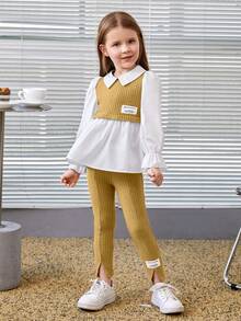 SHEIN Young Girl Letter Patched Flounce Sleeve Peplum Top & Pants - Yellow - View 4