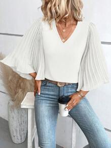 SHEIN VCAY Chất rắn Xếp li Tay áo kèn  Cổ v Áo sơ mi - trắng - Xem 6