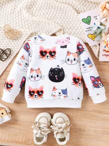 Toddler Girls' Cute Cat Print Crew Neck Long Sleeve Sweatshirt - White - View 2