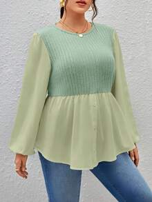 SHEIN Privé 大碼雙色燈籠袖花邊下擺上衣 - 薄荷綠 - 查看 4