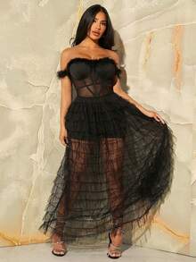 SHEIN SXY 一字肩毛茸邊網紗覆蓋洋裝 - 黑色 - 查看 3