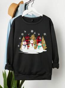 Calvaya 大碼聖誕印花落肩套頭衫 - 黑色 - 查看 1