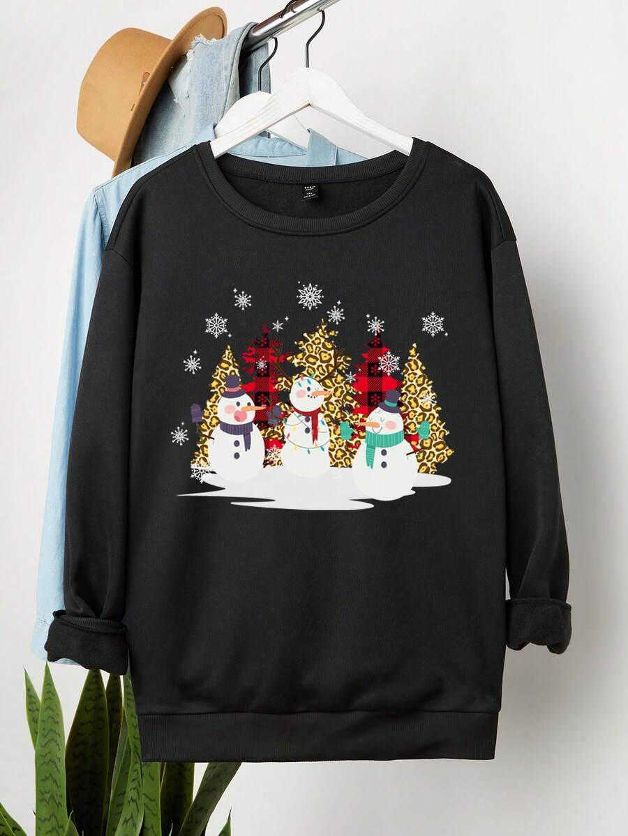 Calvaya 大碼聖誕印花落肩套頭衫 - 黑色 - 查看 1