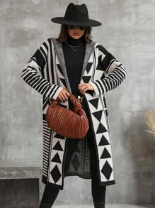 EMERY ROSE Geo Pattern Drop Shoulder Hooded Duster Cardigan - Multicolor - View 6