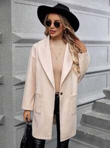 SHEIN LUNE 青果領落肩袖口袋貼布花呢外套 - 米色 - 查看 5