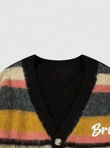 Men's Striped Cardigan Long Sleeve V-Neck Sweater, Autumn/Winter - Black - View 4