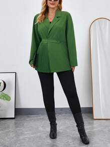 SHEIN Privé 大碼西裝領百褶細節腰帶西裝外套 - 綠色 - 查看 4