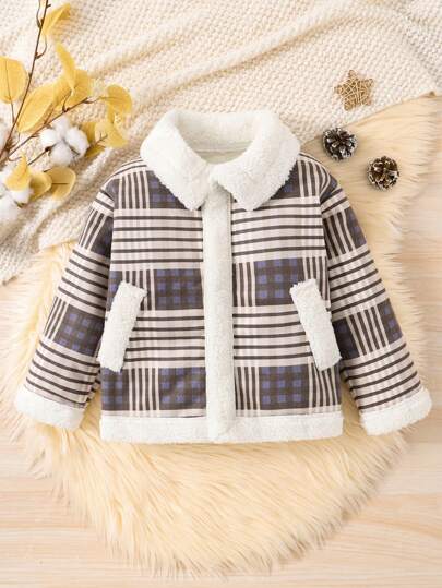 Chico joven Abrigo con estampado de cuadros cuello de borreguito