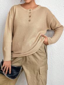 Flirla Plus Half Button Drop Shoulder Sweater Knit Pullover Fall Winter Outfit - Apricot - View 4