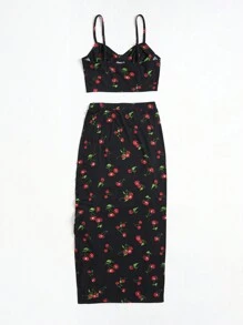 Soleia 櫻桃圖案吊帶上衣&抽繩高衩半身裙 - 彩色 - 查看 2
