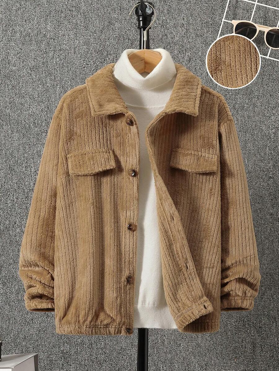 SHEIN Con trai Chi tiết về Flap Áo khoác vải nhung Không có áo len - Màu Khaki - Xem 1