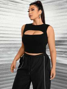 Allurite Plus Cut Out Front Crop Tank Knit Top - Black - View 4