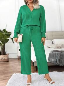 Calvaya 大碼木耳邊上衣&闊腿褲 - 綠色 - 查看 4