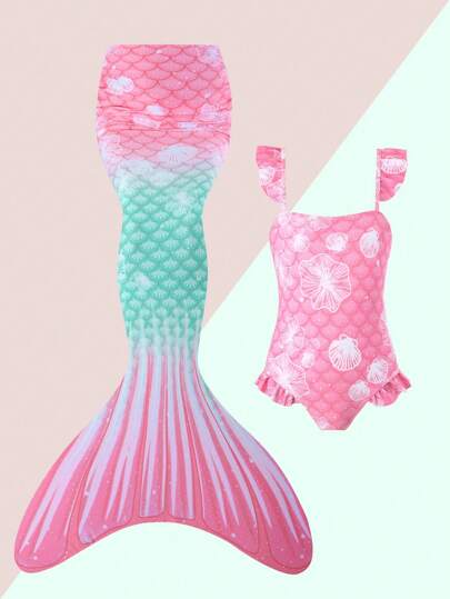 女小童魚鱗荷葉邊連體泳衣帶美人魚尾巴半身裙