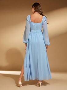 SHEIN Belle 雞心領口燈籠袖高衩伴娘連衣裙 - 淺藍色 - 查看 2