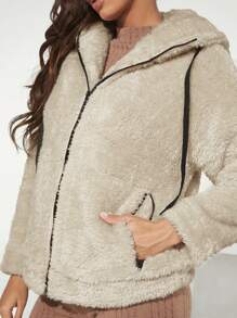 SHEIN BASICS Abrigo con capucha con cremallera unido en contraste con forro teddy - Albaricoque - Ver 4