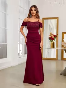 SHEIN Belle Burgundy Red Cold Shoulder Contrast Sequin Mermaid Hem Formal Dress - Burgundy - View 3