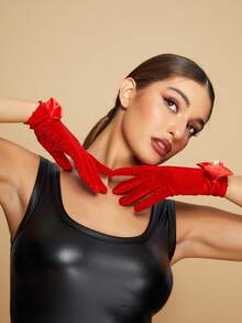 SHEIN SXY Quý cô Nhung Găng tay Với Trang trí Nơ Cho bữa tiệc - Đỏ - Xem 3