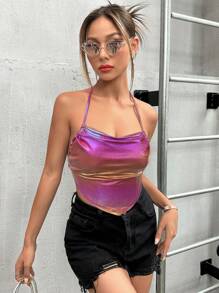 SHEIN Unity Holographic Draped Bandana Hem Tie Backless Halter Top - Multicolor - View 6