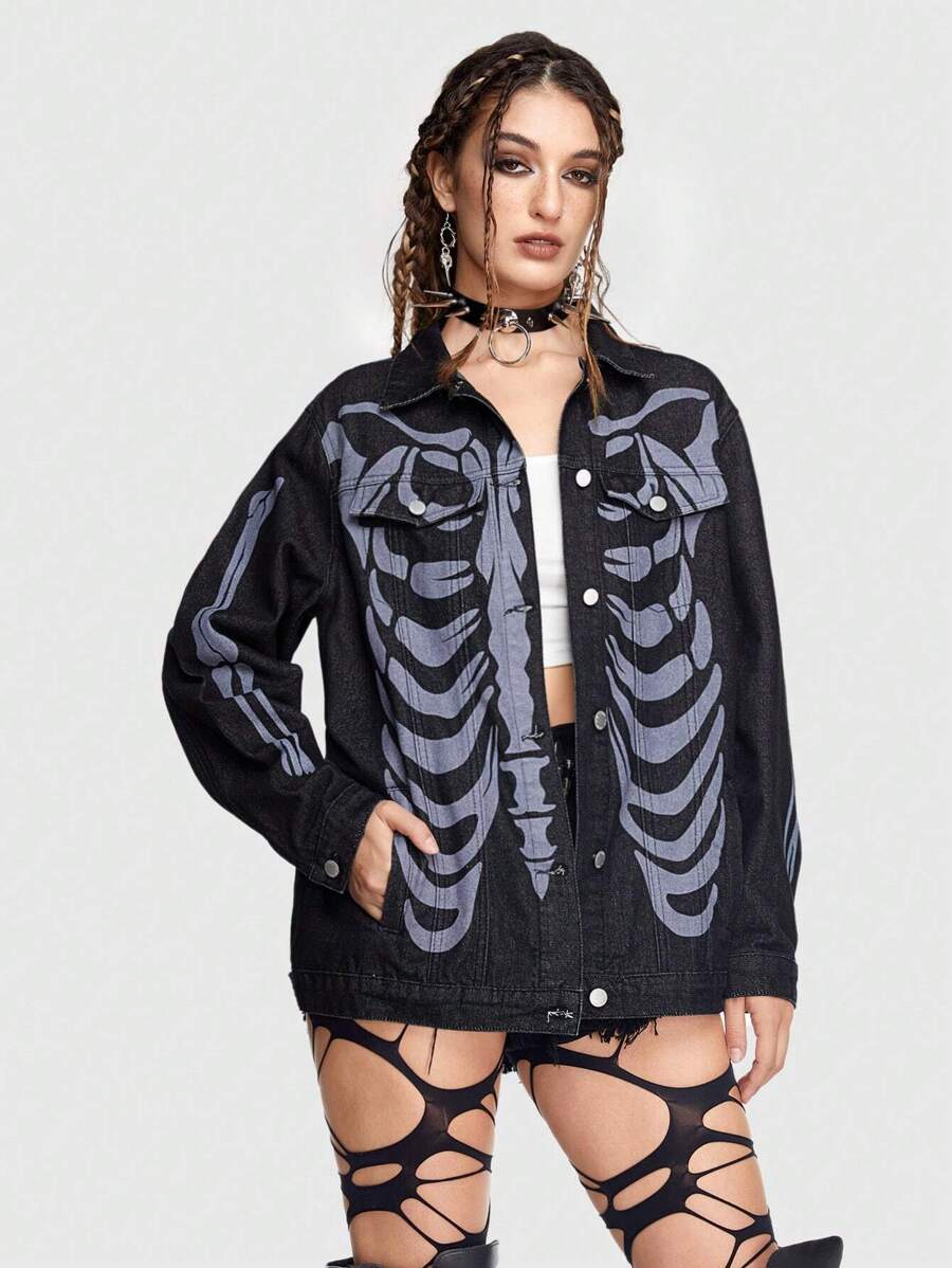 ROMWE PUNK Skeleton Print Drop Shoulder Denim Jacket - Black - View 1