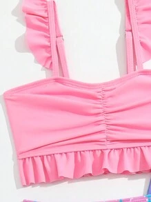 SHEIN Young Girl Fish Scales Print Ruffle Trim Bikini Set With Beach Skirt Summer Beach - Pink - View 3