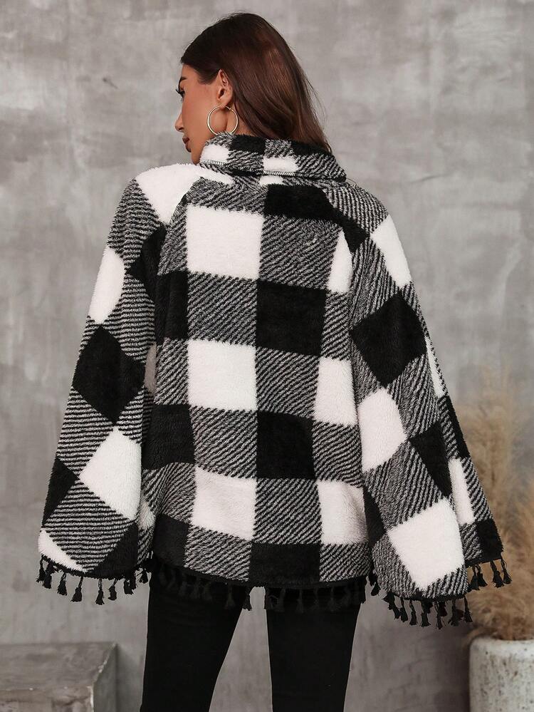 Buffalo Plaid Print Tassel Trim Cape Coat Fall Cloth For Women