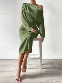 Chiquease 素色不對稱領蝙蝠袖洋裝 - 薄荷綠 - 查看 4