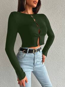 EURMUSE Cut Out Button Front Crop Tee - Khaki - View 4