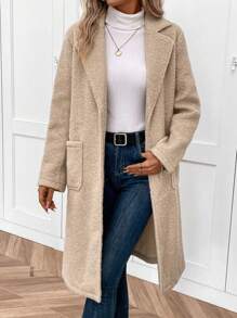 SHEIN Clasi 西裝領雙口袋開門襟搖粒絨外套 - 米色 - 查看 3