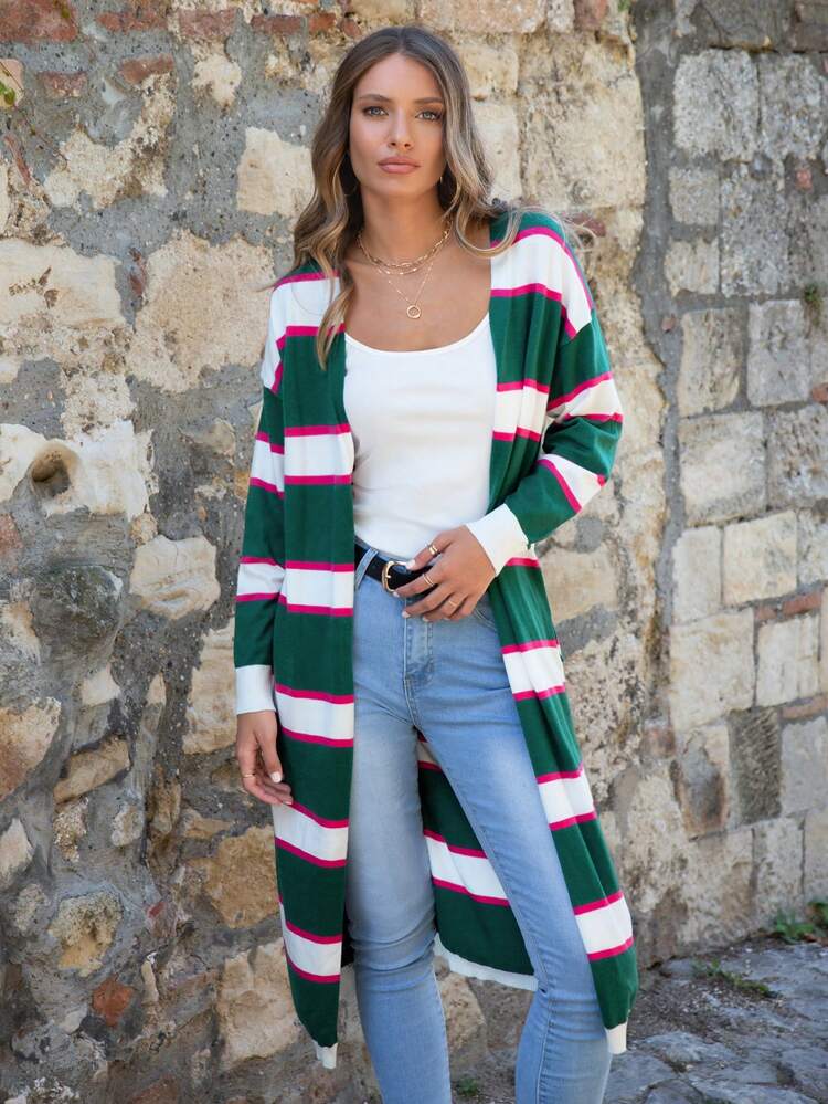 Striped Pattern Drop Shoulder Cardigan