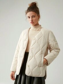 Anewsta Solid Button Front Onion Quilted Coat - Beige - View 5