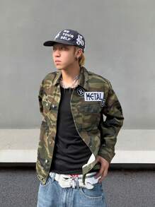 Manfinity Men Camo Print Letter Patched Drop Shoulder Denim Jacket - Army Green - View 5