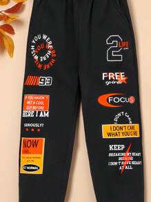 SHEIN Tween 男孩搭配服裝學院風格針織字母圖案慢跑褲 - 黑色 - 查看 5