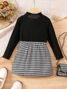 SHEIN 女小童小高領T恤&千鳥格印花半身裙 - 黑與白 - 查看 2